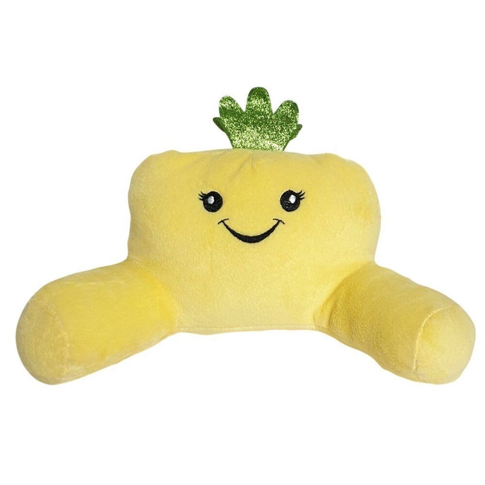 Yellow Happy Face Pillow Cushion 7" Stuffed With Arms & Green Leaf Accent